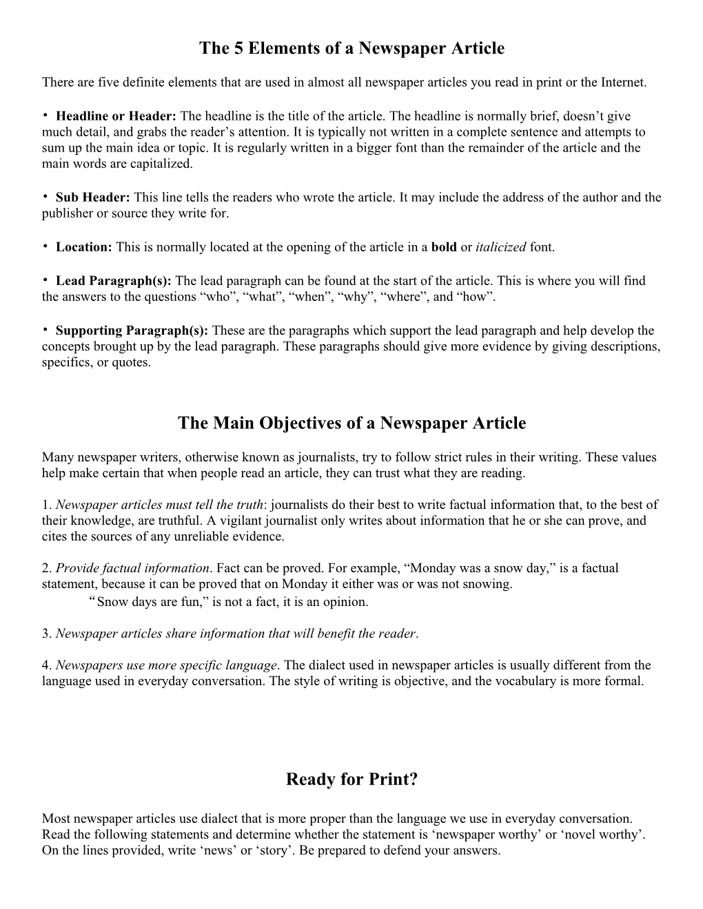 The 5 Elements of a Newspaper Article