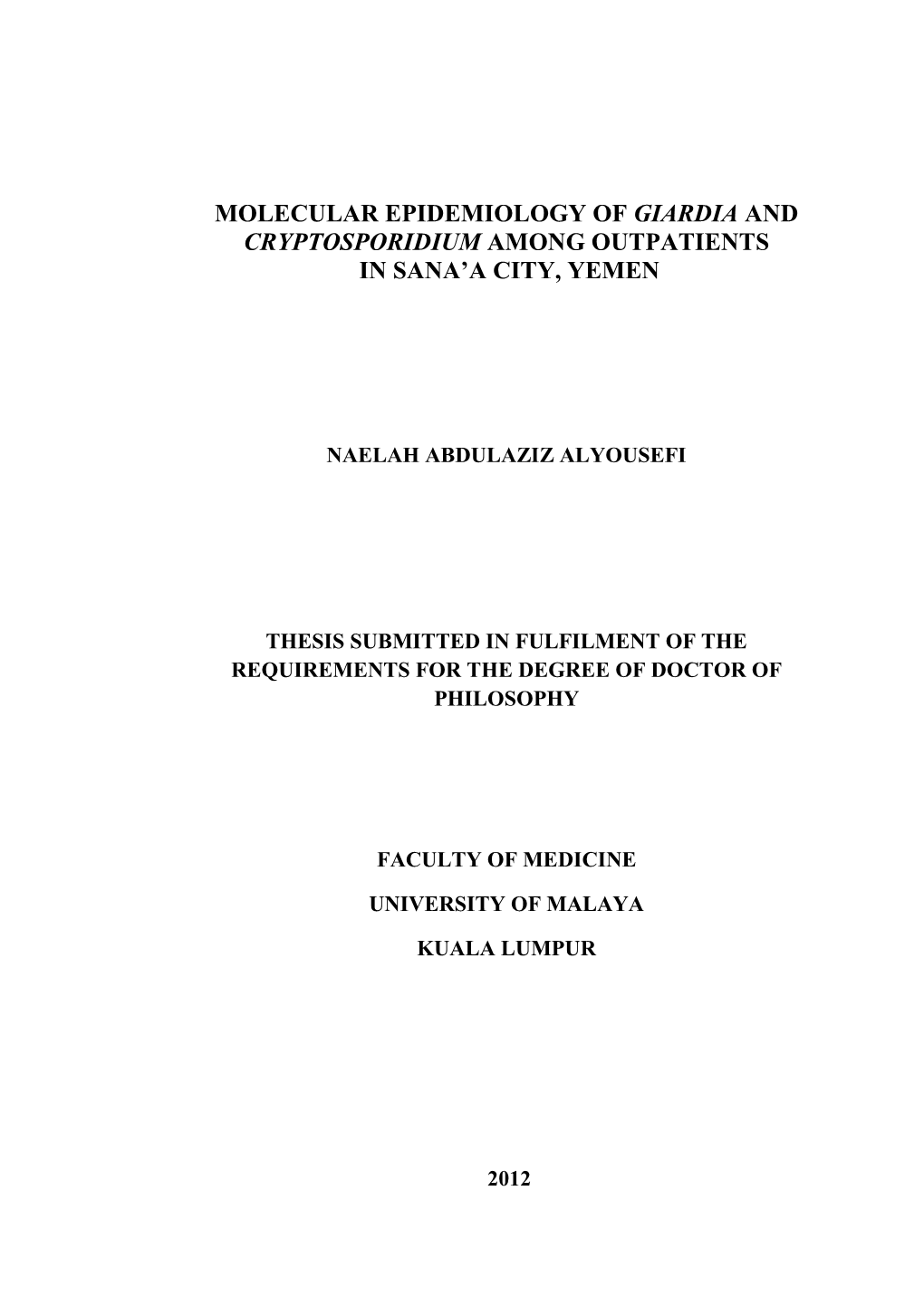 Molecular Epidemiology of Giardia and Cryptosporidium Among Outpatients in Sana'a City, Yemen