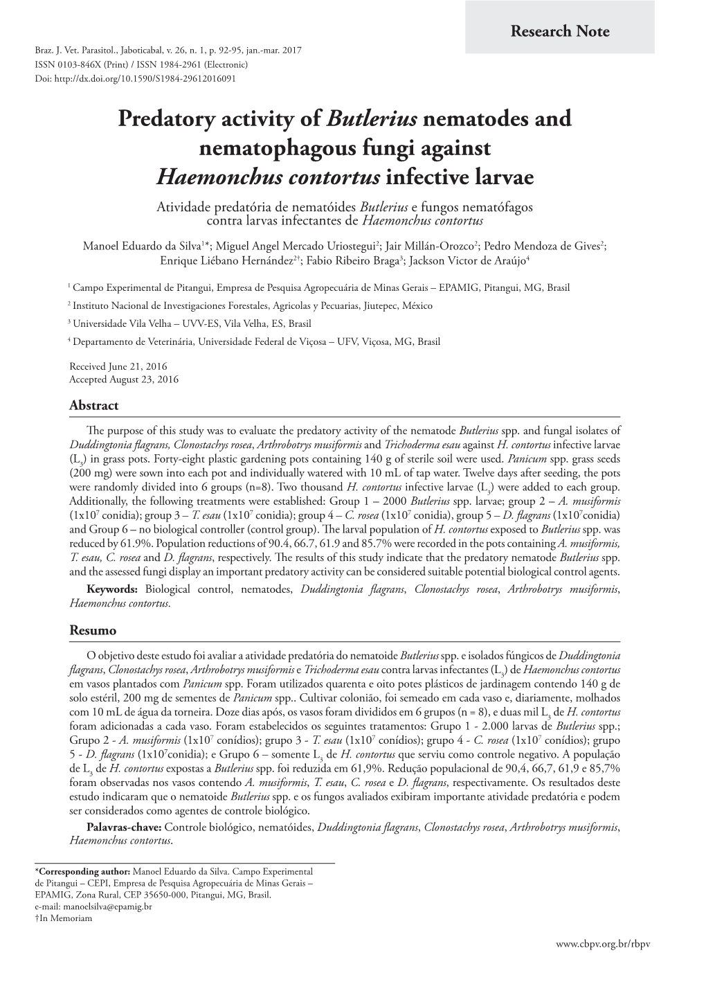 Predatory Activity of Butlerius Nematodes and Nematophagous