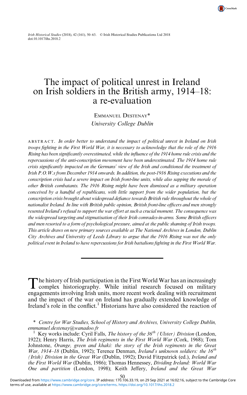 The Impact of Political Unrest in Ireland on Irish Soldiers in the British Army, 1914–18: a Re-Evaluation