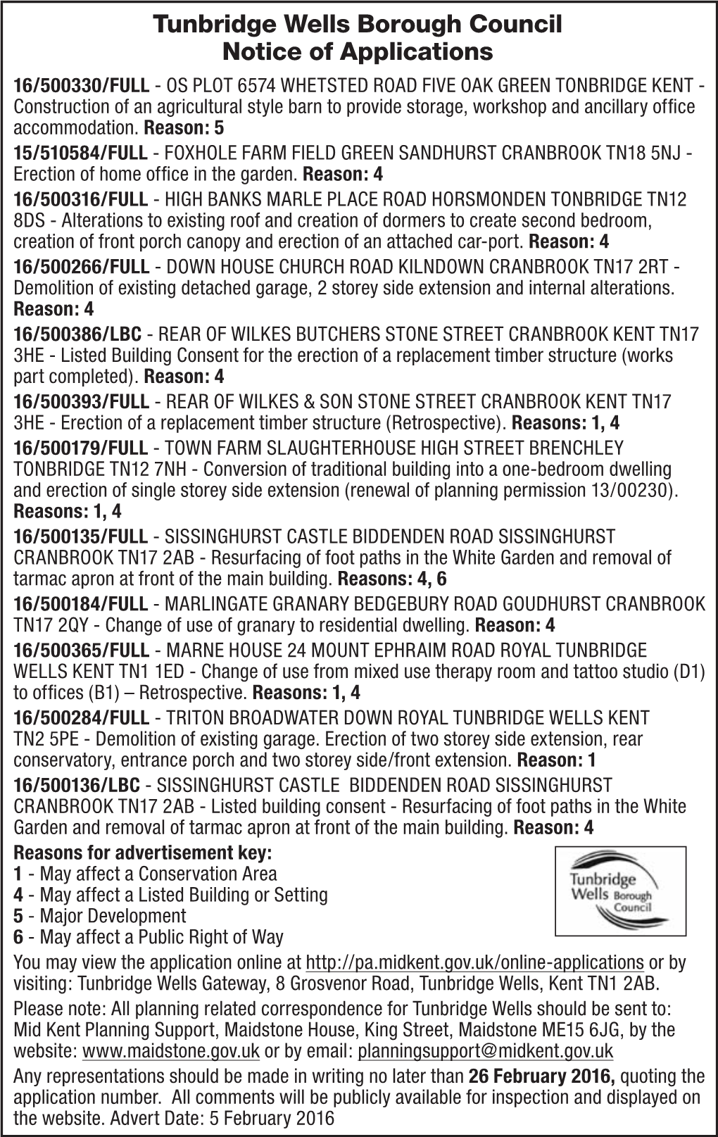 Tunbridge Wells Borough Council Notice of Applications