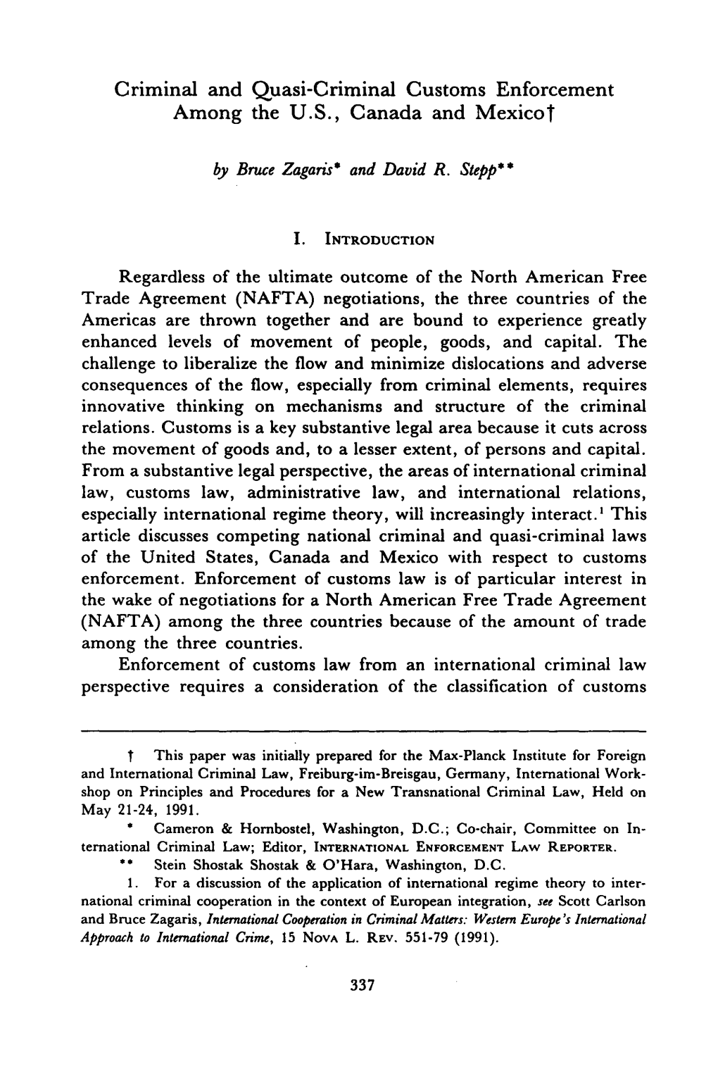 Criminal and Quasi-Criminal Customs Enforcement Among the U.S., Canada and Mexicot