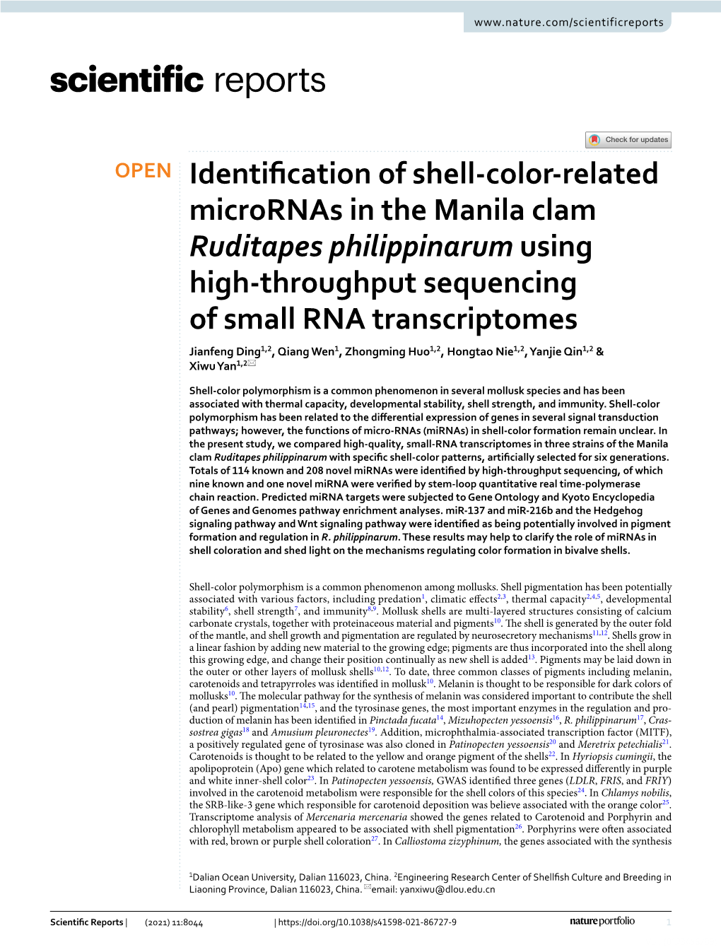 Identification of Shell-Color-Related Micrornas in the Manila Clam