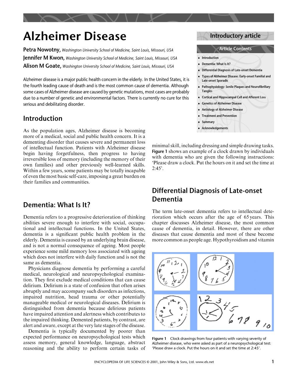 "Alzheimer Disease". In: Encyclopedia of Life Sciences