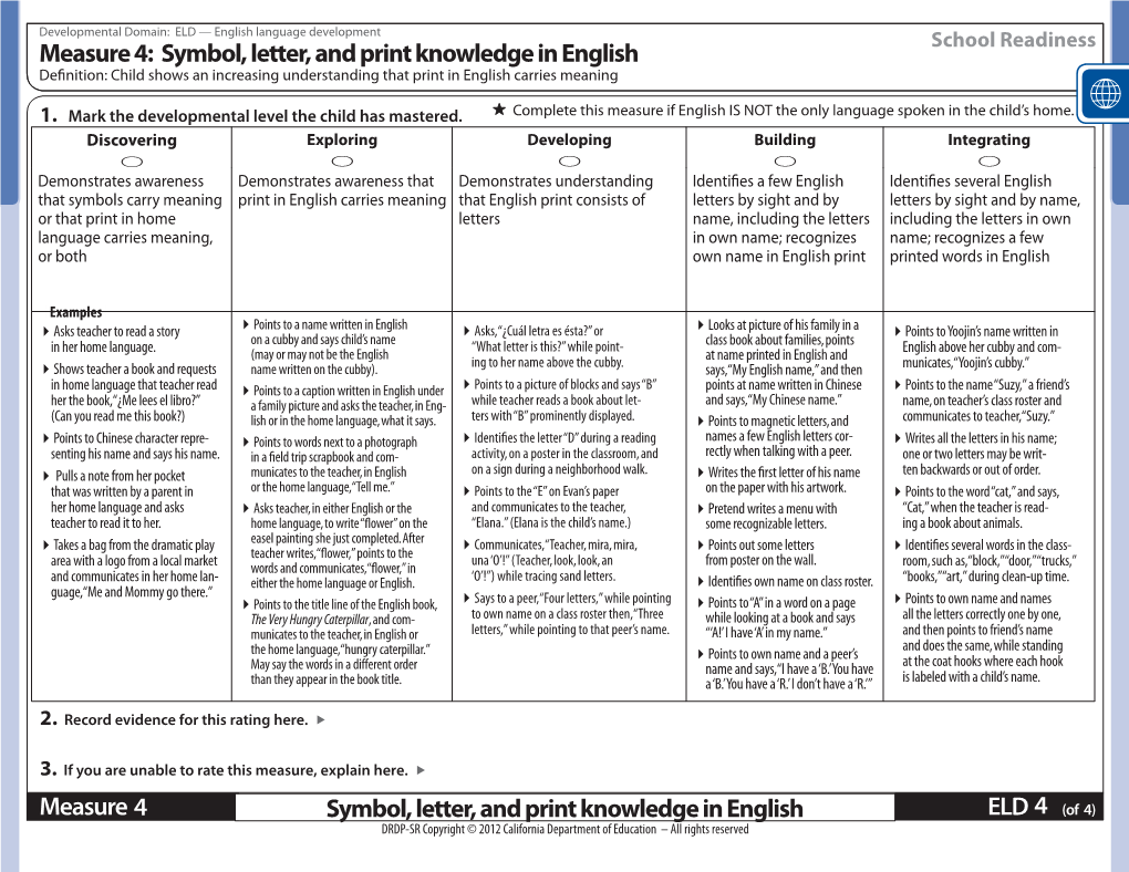 Symbol, Letter, and Print Knowledge in English Definition: Child Shows an Increasing Understanding That Print in English Carries Meaning