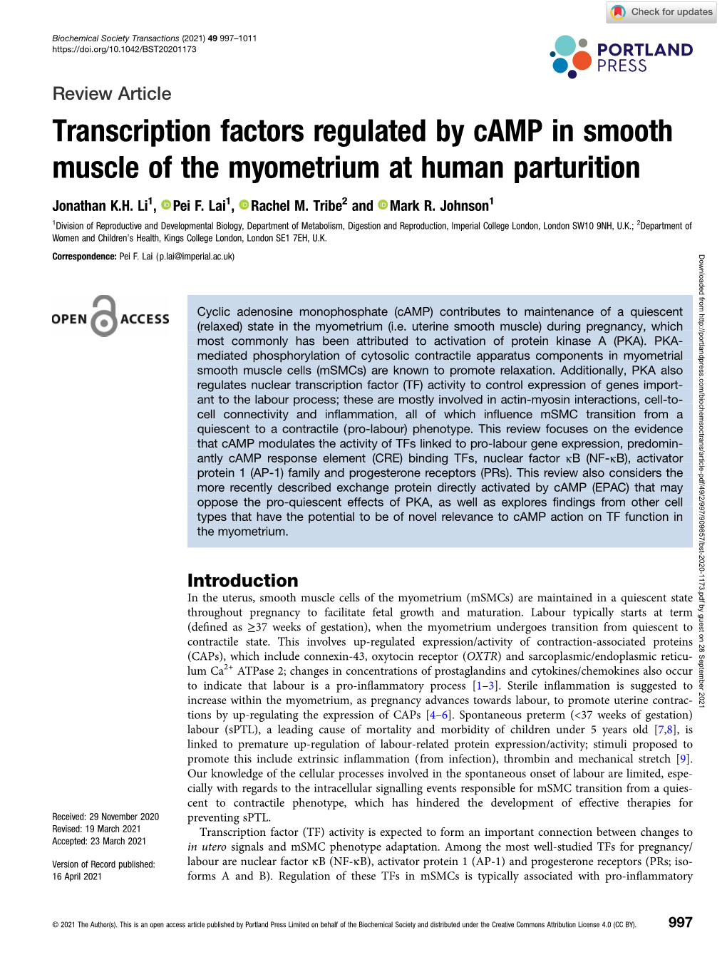 Transcription Factors Regulated by Camp in Smooth Muscle of the Myometrium at Human Parturition