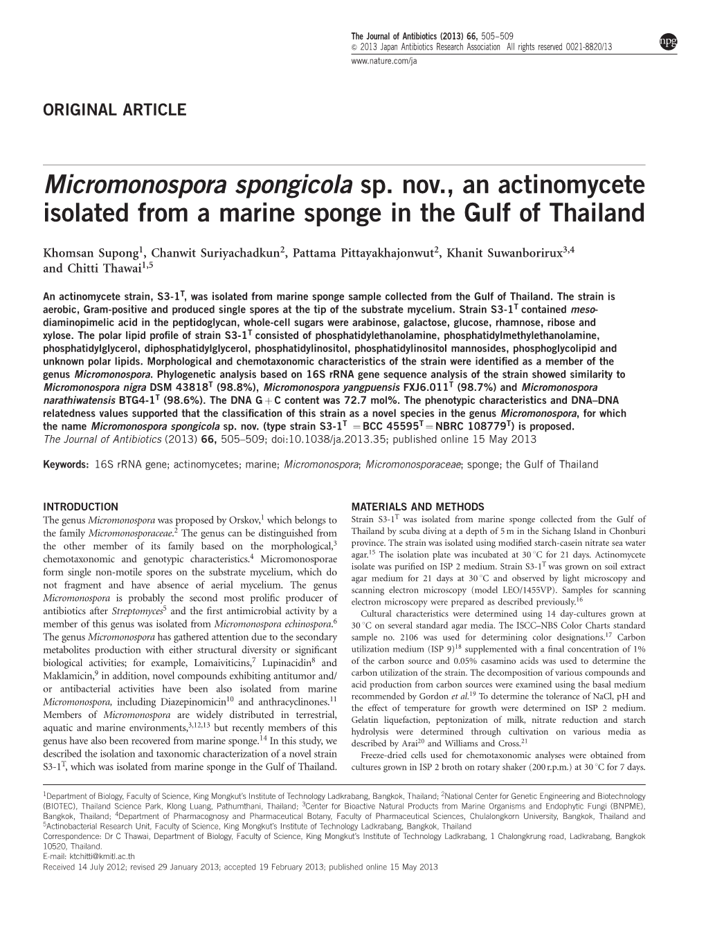 Micromonospora Spongicola Sp. Nov., an Actinomycete Isolated from a Marine Sponge in the Gulf of Thailand