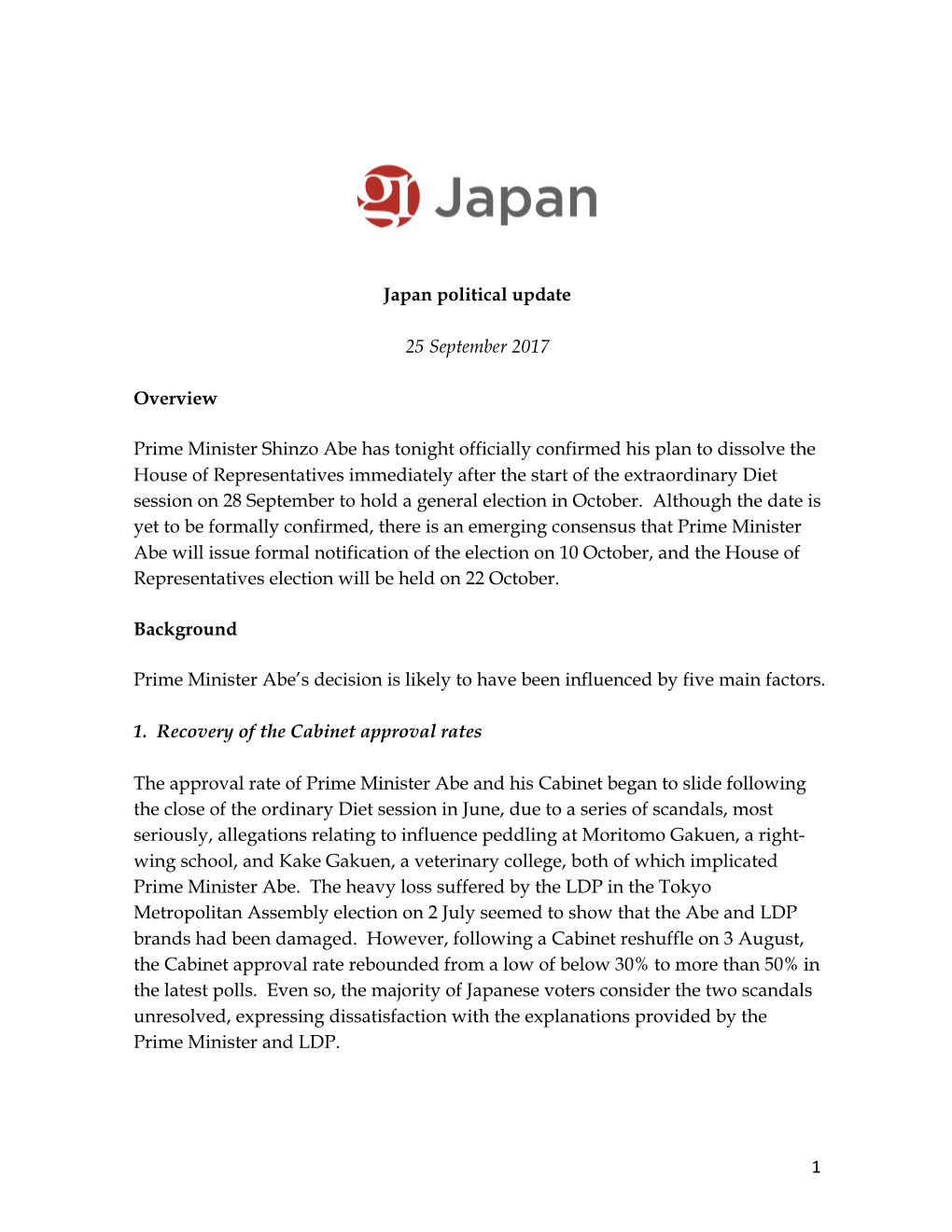 1 Japan Political Update 25 September 2017 Overview