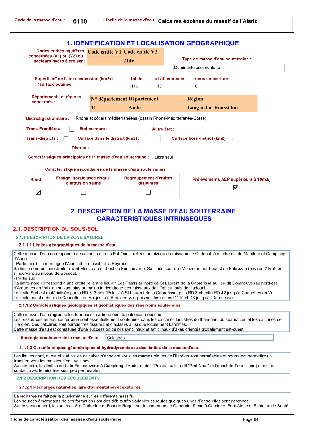 6110 1. Identification Et Localisation Geographique 2. Description De La Masse D'eau Souterraine Caracteristiques Intrinseques