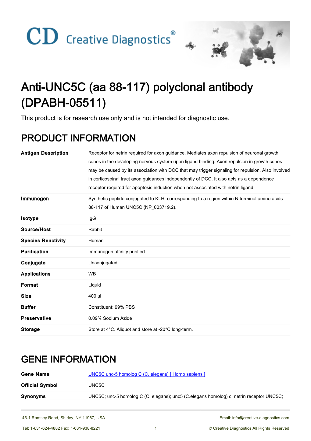 Anti-UNC5C (Aa 88-117) Polyclonal Antibody (DPABH-05511) This Product Is for Research Use Only and Is Not Intended for Diagnostic Use