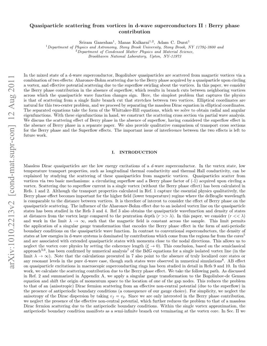 Arxiv:1010.2213V2 [Cond-Mat.Supr-Con] 12 Aug 2011 Work, We Calculate the Scattering Contribution Due to the Berry Phase Eﬀect