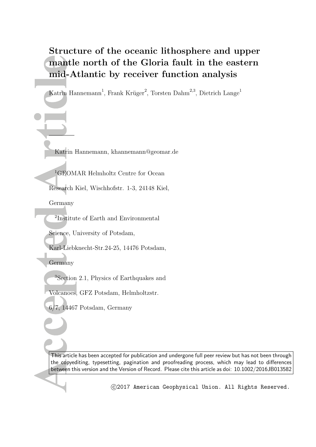 Structure of the Oceanic Lithosphere and Upper Mantle North of the Gloria Fault in the Eastern Mid-Atlantic by Receiver Function Analysis