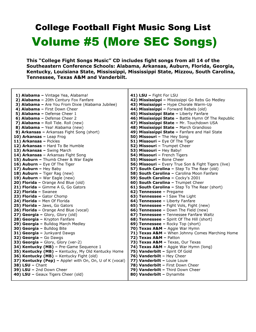 College Football Fight Songs Music Song List