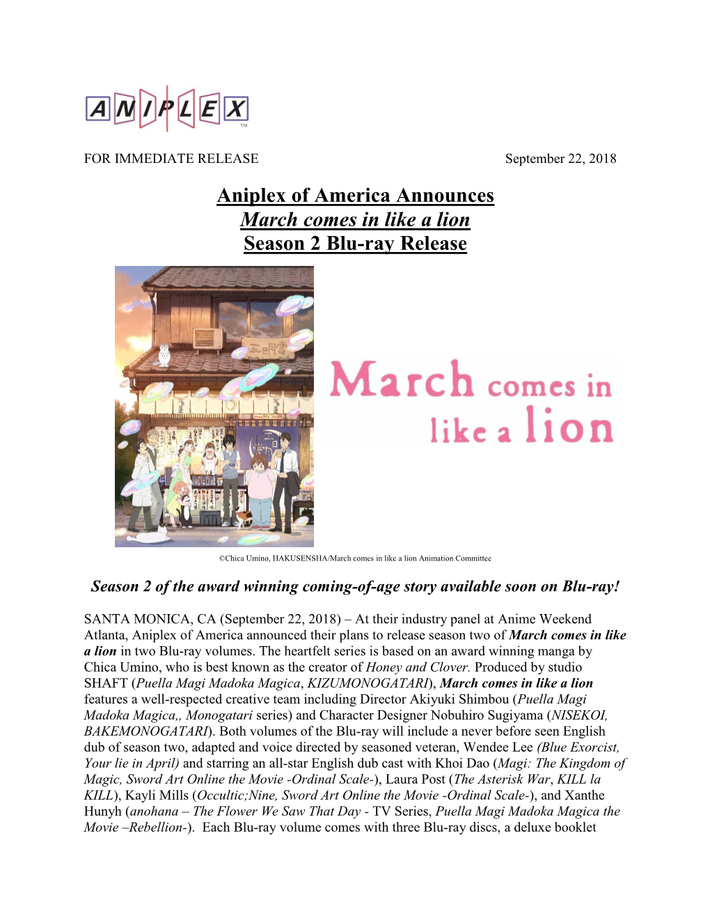 Aniplex of America Announces March Comes in Like a Lion Season 2 Blu-Ray Release