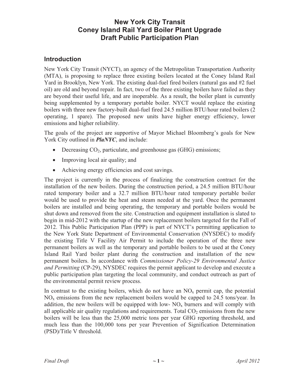 New York City Transit Coney Island Rail Yard Boiler Plant Upgrade Draft Public Participation Plan