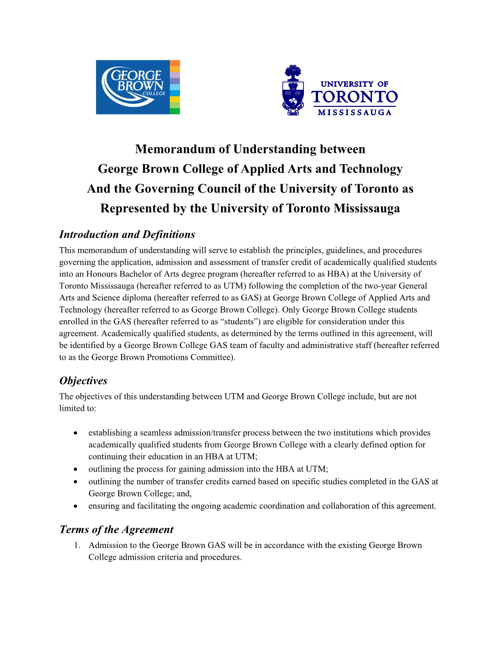 Memorandum of Understanding Between George Brown College Of