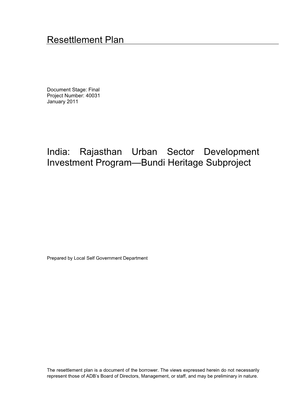Bundi Heritage Subproject, Rajasthan Urban Sector Development Investment Program