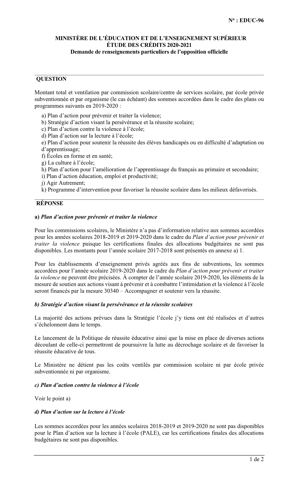 No : EDUC-96 1 De 2 MINISTÈRE DE L