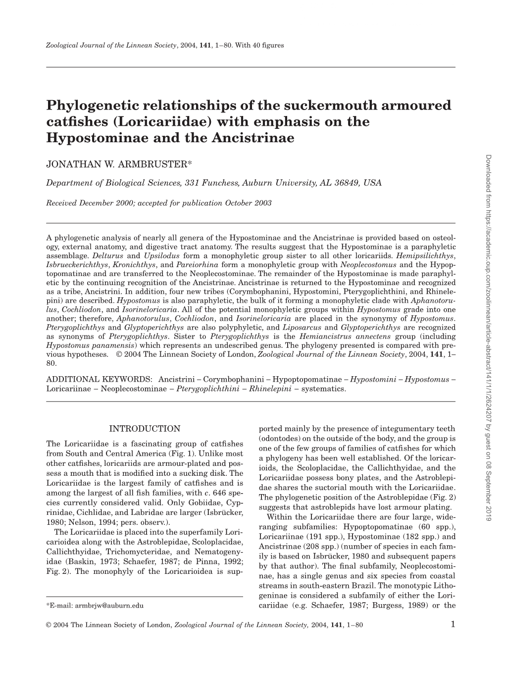 Phylogenetic Relationships of the Suckermouth Armoured