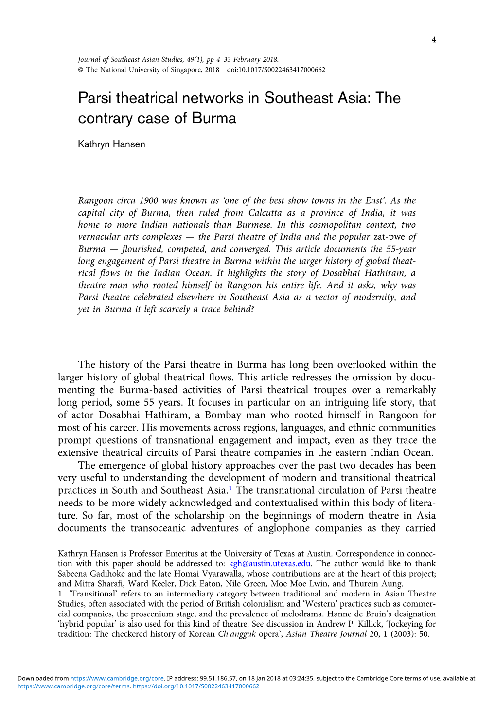 Parsi Theatrical Networks in Southeast Asia: the Contrary Case of Burma