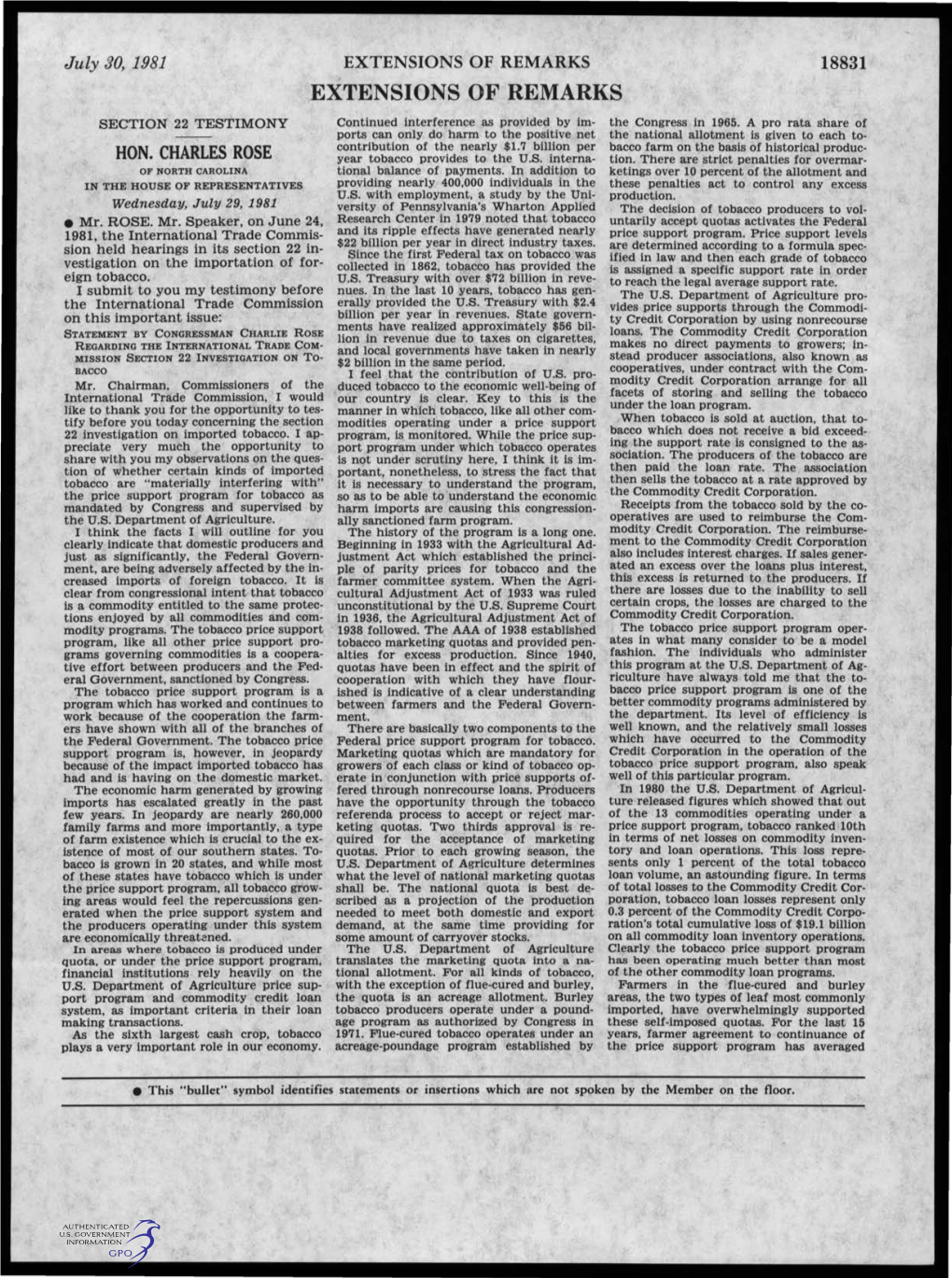 July 30, 1981 EXTENSIONS of REMARKS 18831 EXTENSIONS of REMARKS SECTION 22 TESTIMONY Continued Interference As Provided by Im­ the Congress in 1965