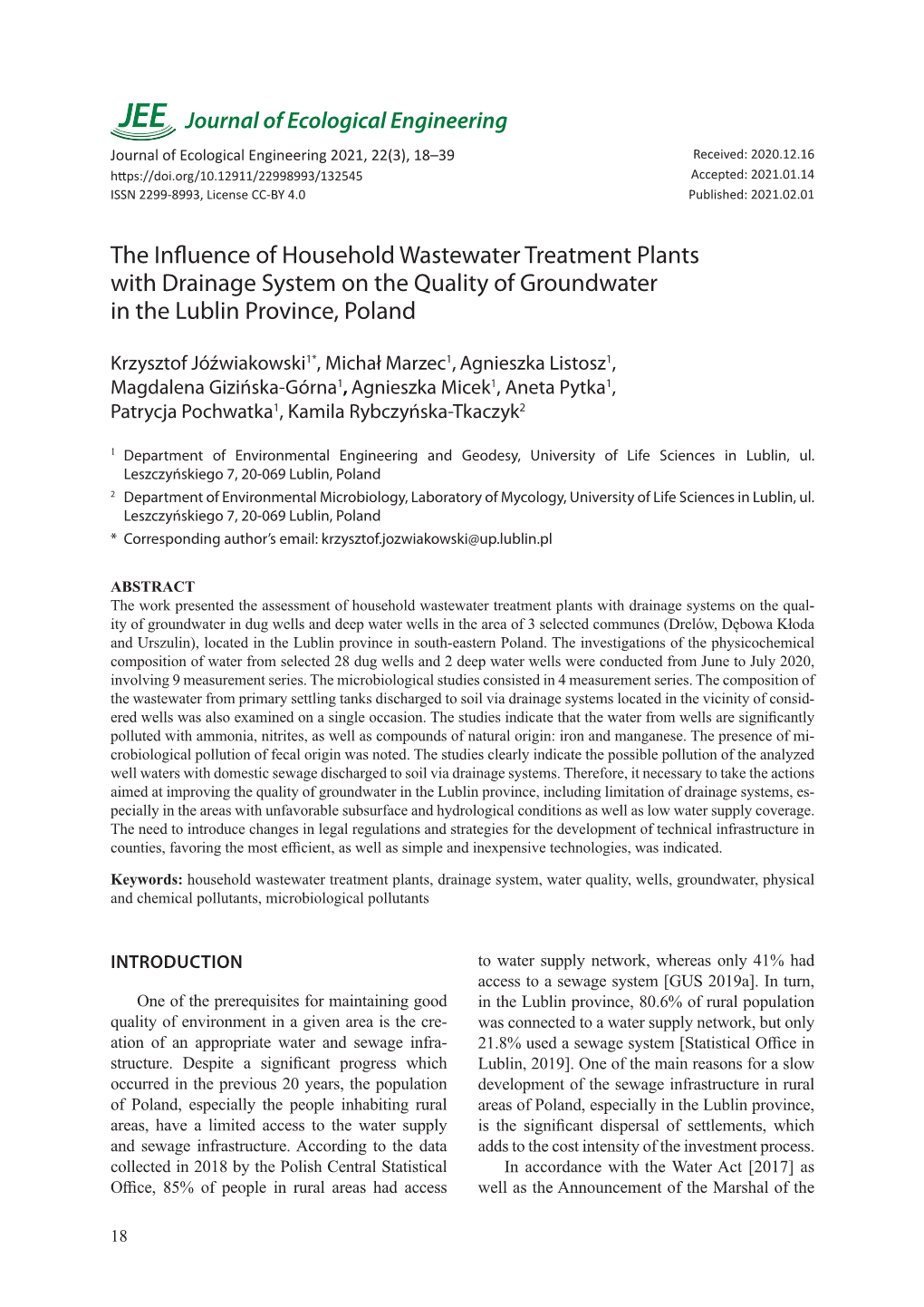 The Influence of Household Wastewater Treatment Plants with Drainage System on the Quality of Groundwater in the Lublin Province, Poland