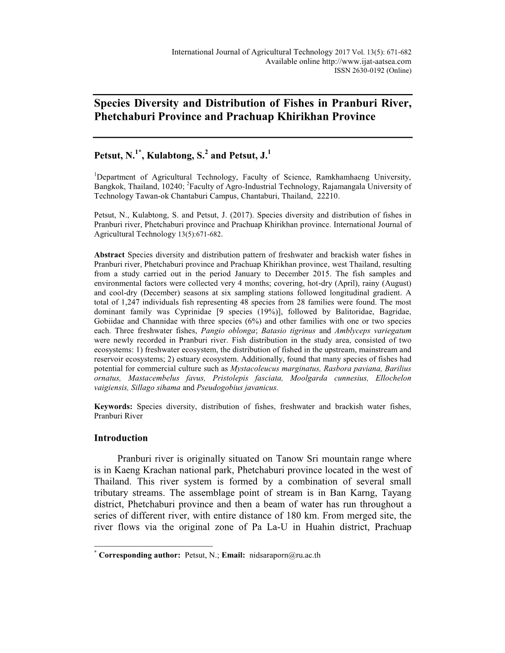 Species Diversity and Distribution of Fishes in Pranburi River, Phetchaburi Province and Prachuap Khirikhan Province