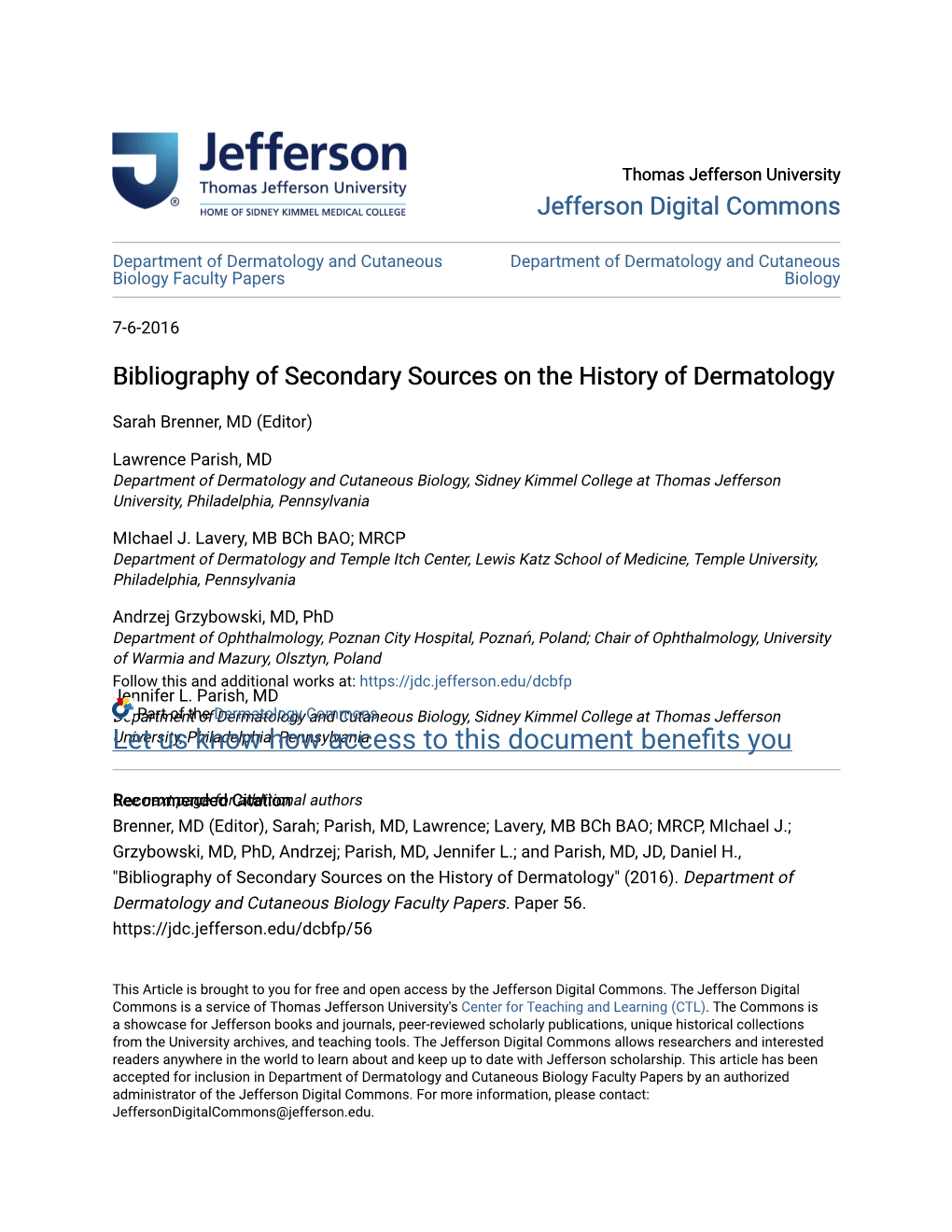 Bibliography of Secondary Sources on the History of Dermatology