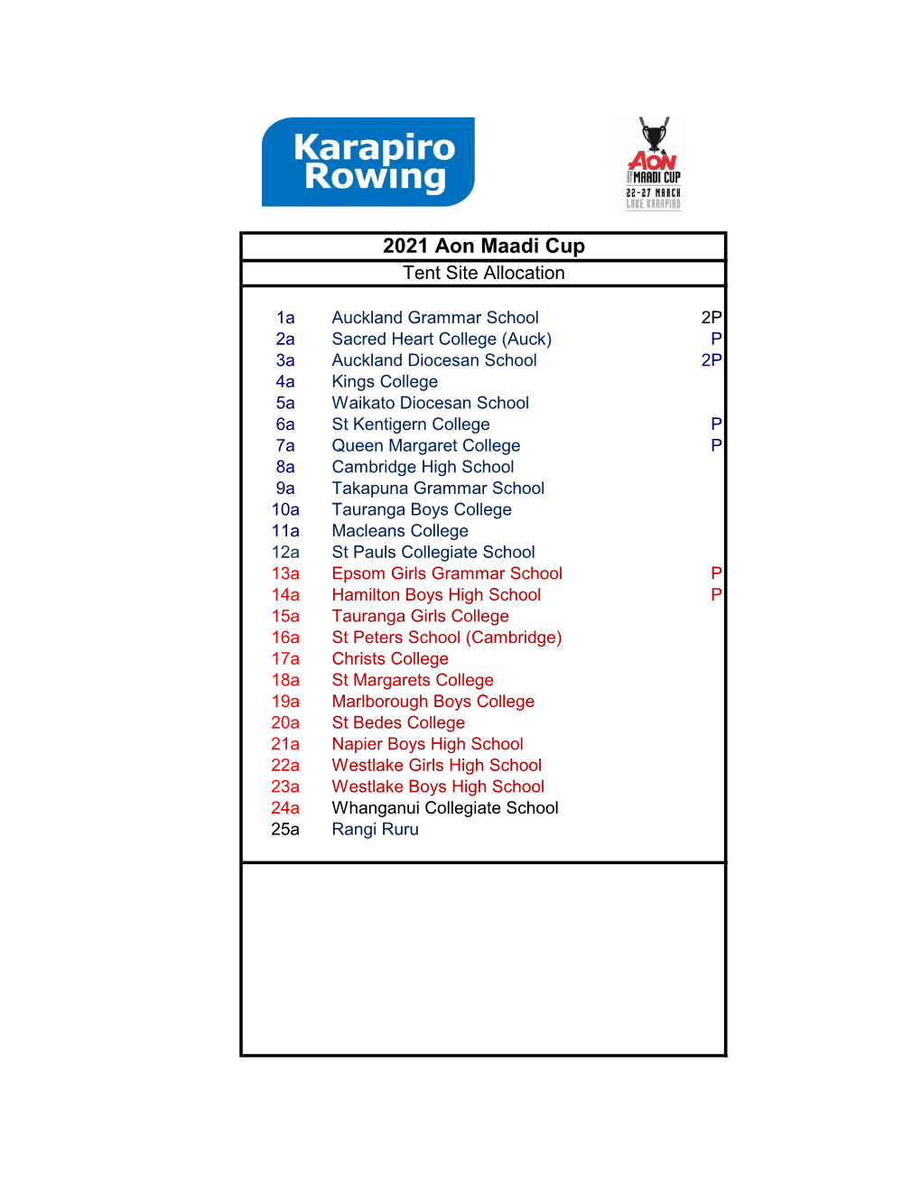 2021 Aon Maadi Cup Tent Site Allocation