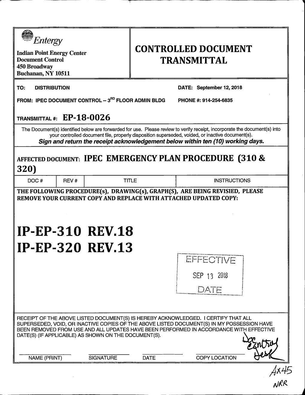 Indian Point, Revision to IPEC Emergency Plan Procedure