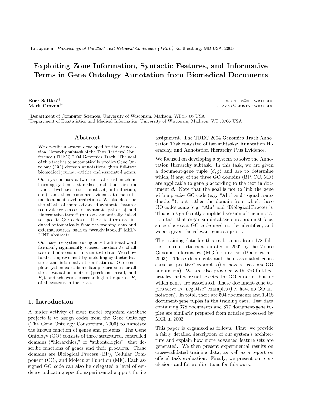 Exploiting Zone Information, Syntactic Features, and Informative Terms in Gene Ontology Annotation from Biomedical Documents