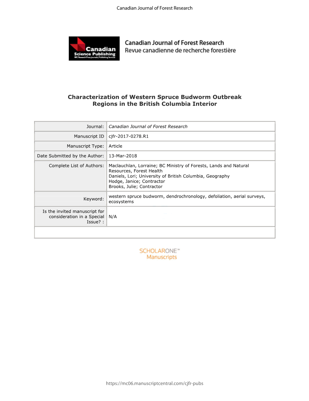 Characterization of Western Spruce Budworm Outbreak Regions in the British Columbia Interior