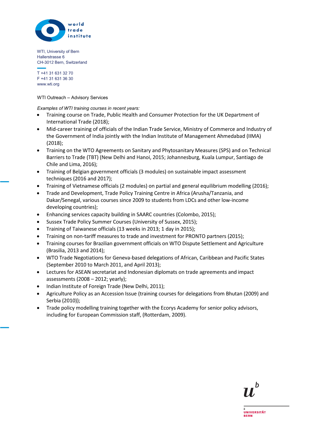 Advisory Services Examples of WTI Training Courses in Recent Years