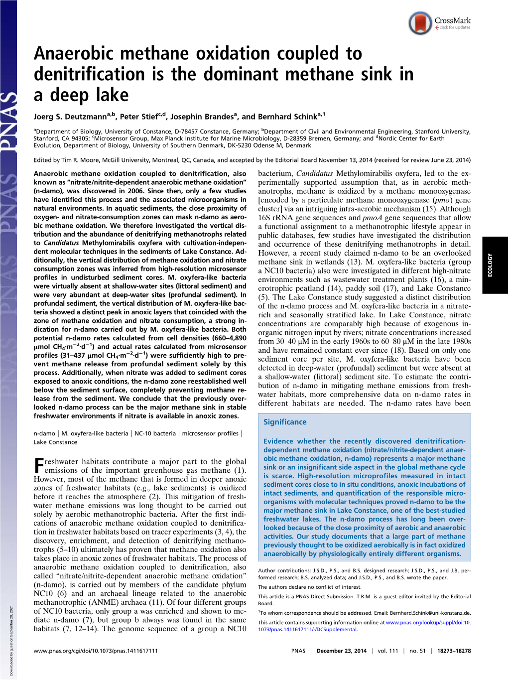 Anaerobic Methane Oxidation Coupled to Denitrification Is the Dominant Methane Sink in a Deep Lake