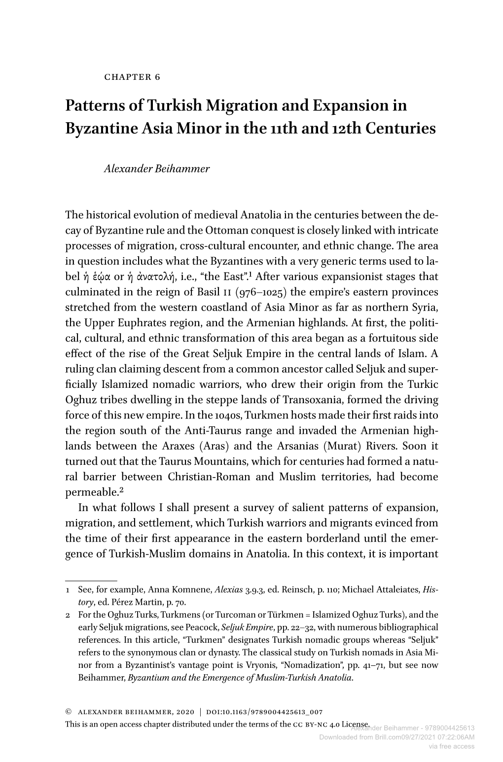 Patterns of Turkish Migration and Expansion in Byzantine Asia Minor in the 11Th and 12Th Centuries