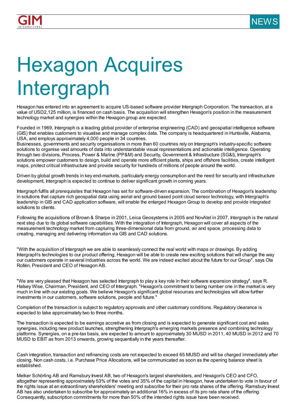 Hexagon Acquires Intergraph