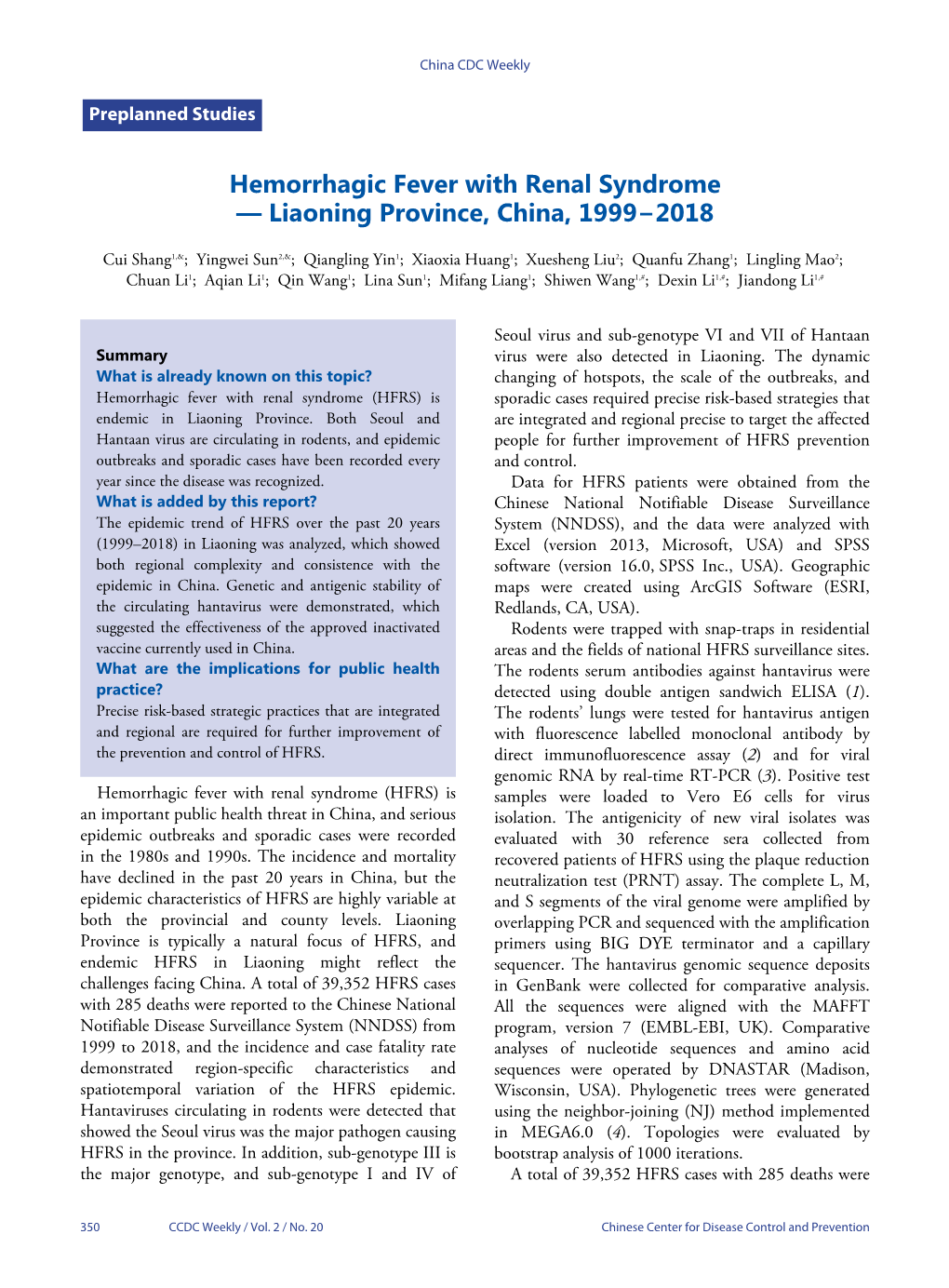 Hemorrhagic Fever with Renal Syndrome — Liaoning Province, China, 1999−2018
