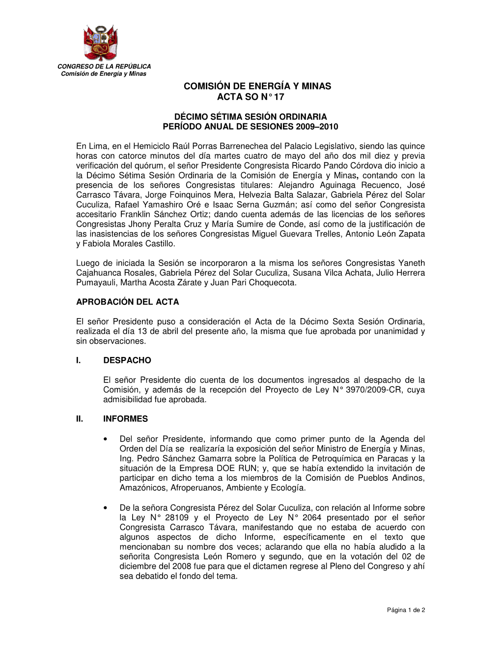 Comisión De Energía Y Minas Acta So N° 17