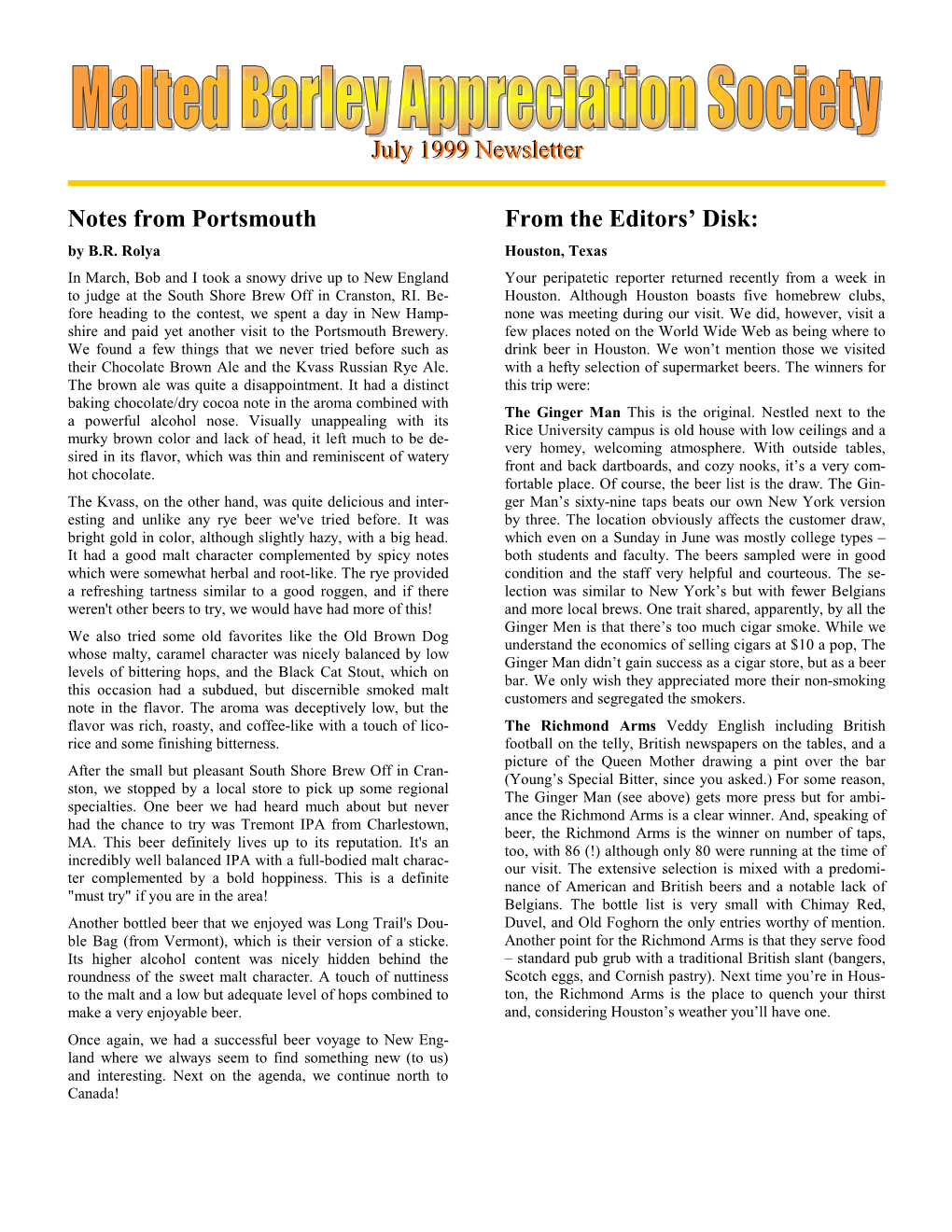July 1999 Newsletter Notes from Portsmouth from the Editors' Disk