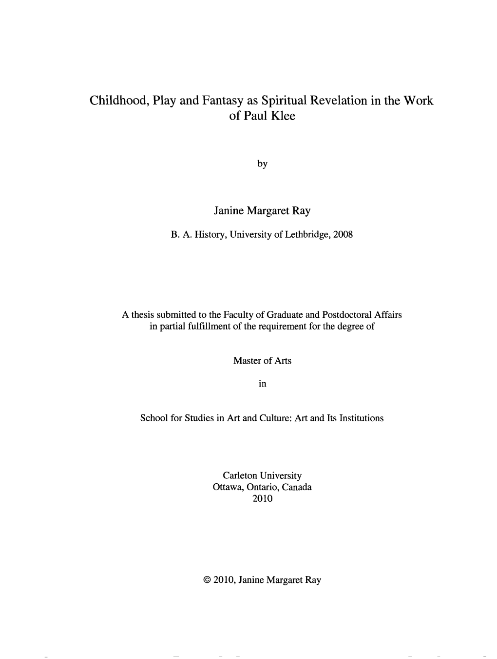 Childhood, Play and Fantasy As Spiritual Revelation in the Work Ofpaulklee