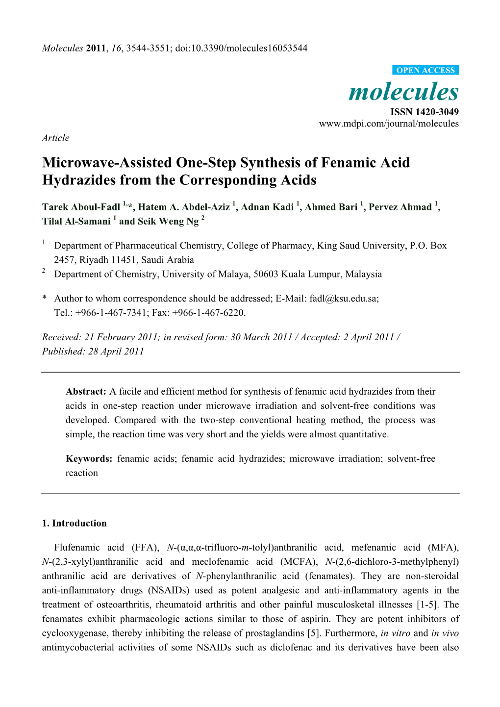 Microwave-Assisted One-Step Synthesis of Fenamic Acid Hydrazides from the Corresponding Acids