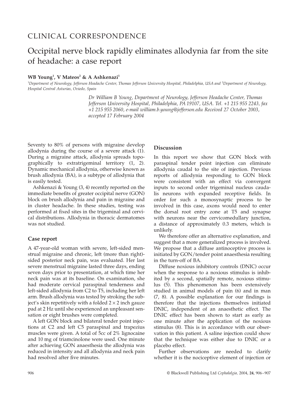 Occipital Nerve Block Rapidly Eliminates Allodynia Far from the Site of Headache: a Case Report