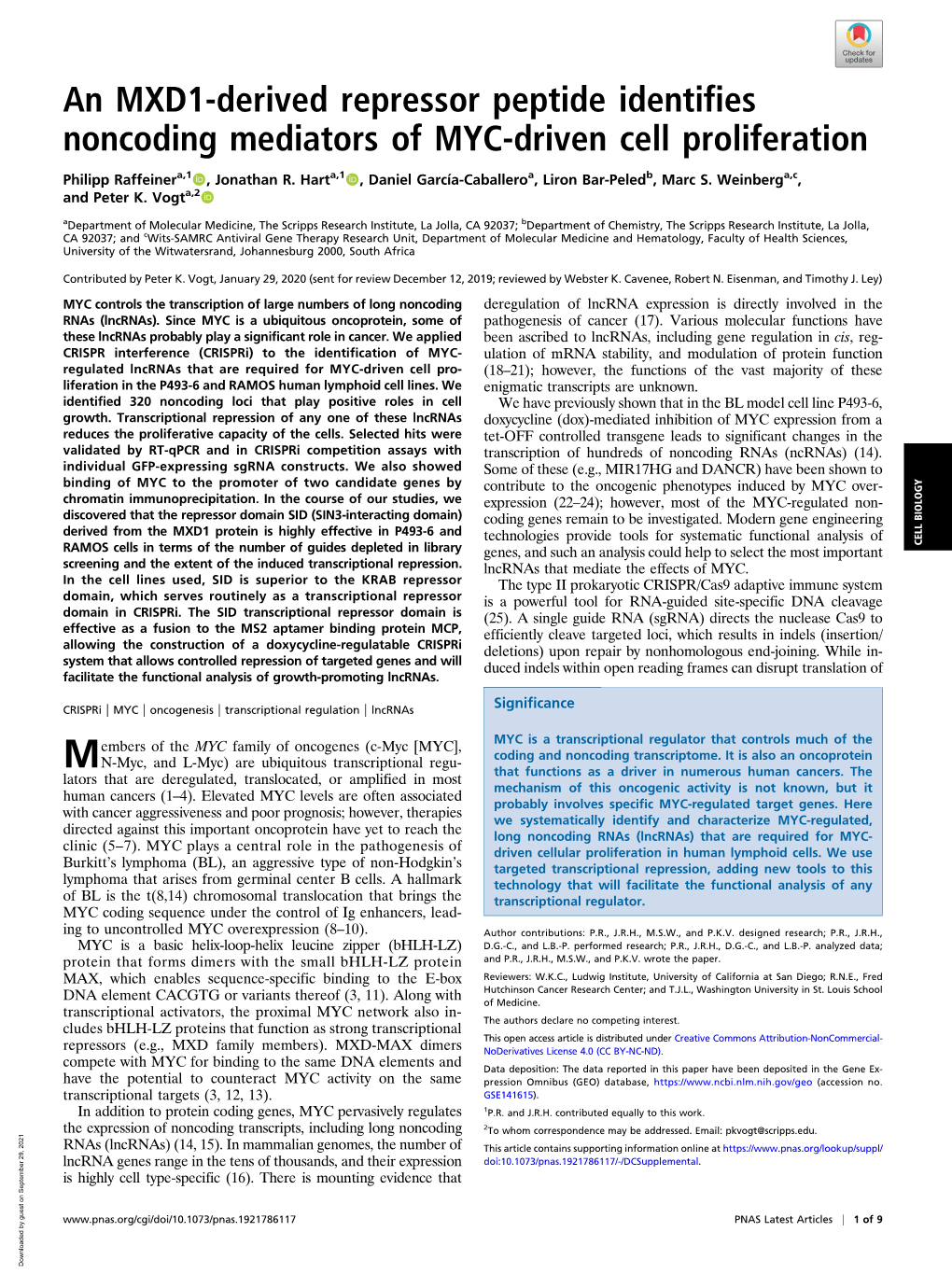 An MXD1-Derived Repressor Peptide Identifies Noncoding Mediators of MYC-Driven Cell Proliferation