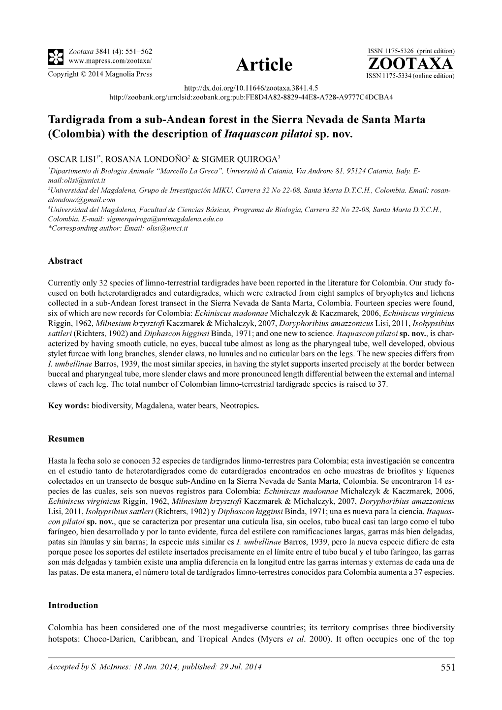 Tardigrada from a Sub-Andean Forest in the Sierra Nevada De Santa Marta (Colombia) with the Description of Itaquascon Pilatoi Sp