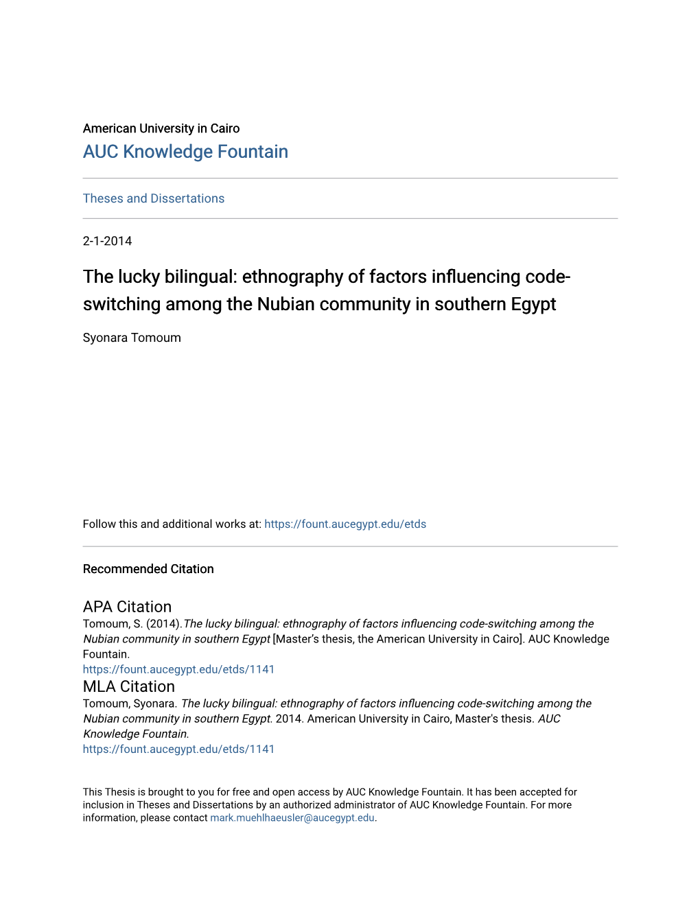 The Lucky Bilingual: Ethnography of Factors Influencing Code-Switching Among the Nubian Community in Southern Egypt