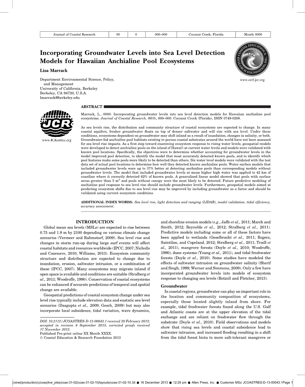 Incorporating Groundwater Levels Into Sea Level Detection Models for Hawaiian Anchialine Pool Ecosystems Lisa Marrack