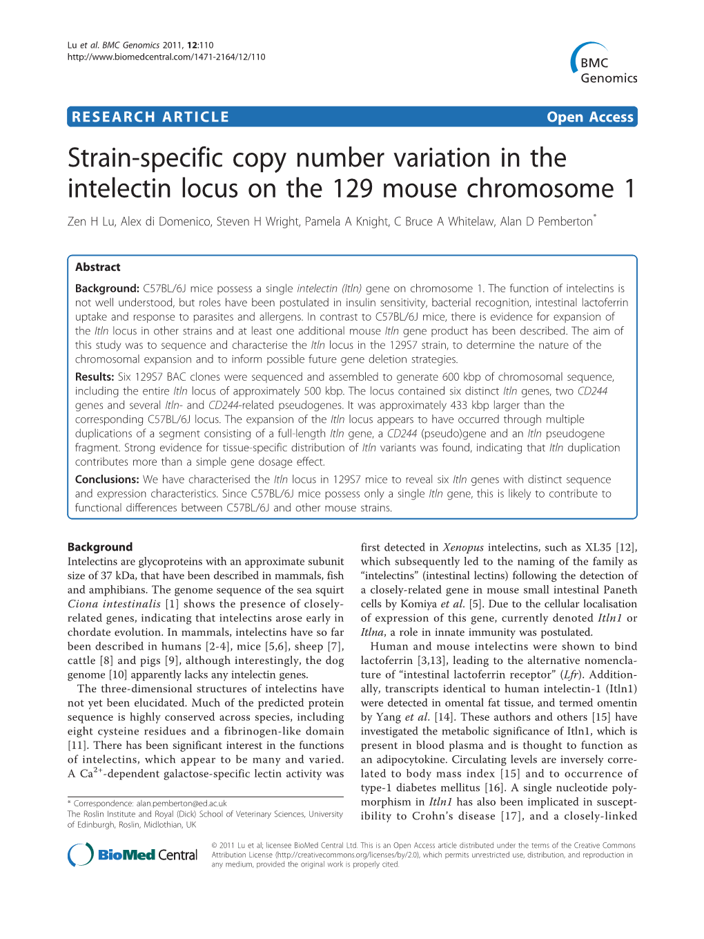 Strain-Specific Copy Number Variation in the Intelectin Locus on the 129