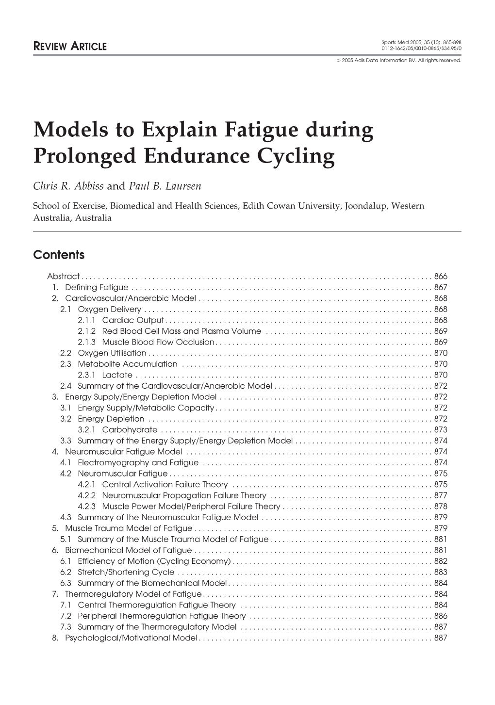 Models to Explain Fatigue During Prolonged Endurance Cycling