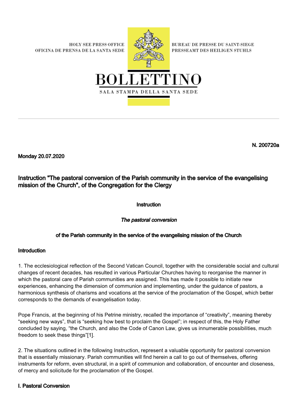 Instruction "The Pastoral Conversion of the Parish Community in the Service of the Evangelising Mission of the Church", of the Congregation for the Clergy