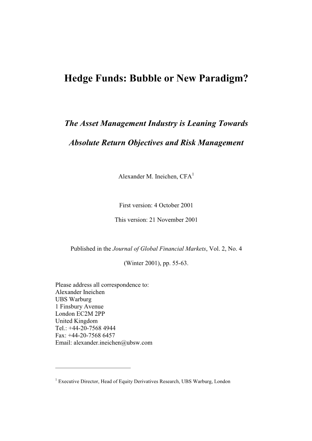 Hedge Funds: Bubble Or New Paradigm?